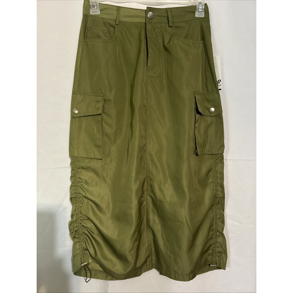 YMI Women's Olive Green Parachute Cargo Pocket Ruched Maxi Skirt Size 5/27